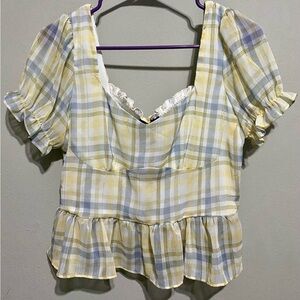 L.N.V. Yellow Gray Plaid Ruffle Sleeve Women's Top